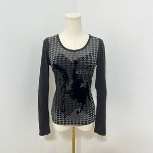 Vintage BOFFE black graphic western Slightly Sheer Blouse Long Sleeve - M